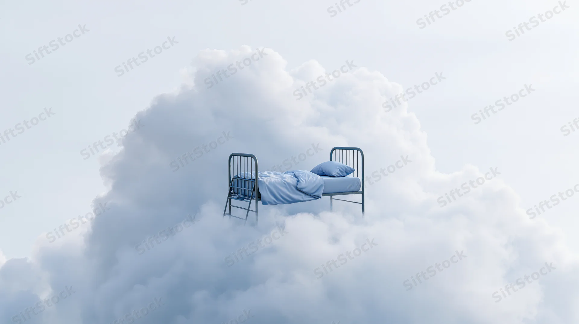 Metal-framed single bed with blue bedding and pillow floating atop a large white cloud in the sky
