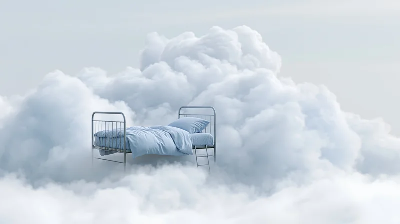 Metal-framed single bed with blue bedding floating among clouds