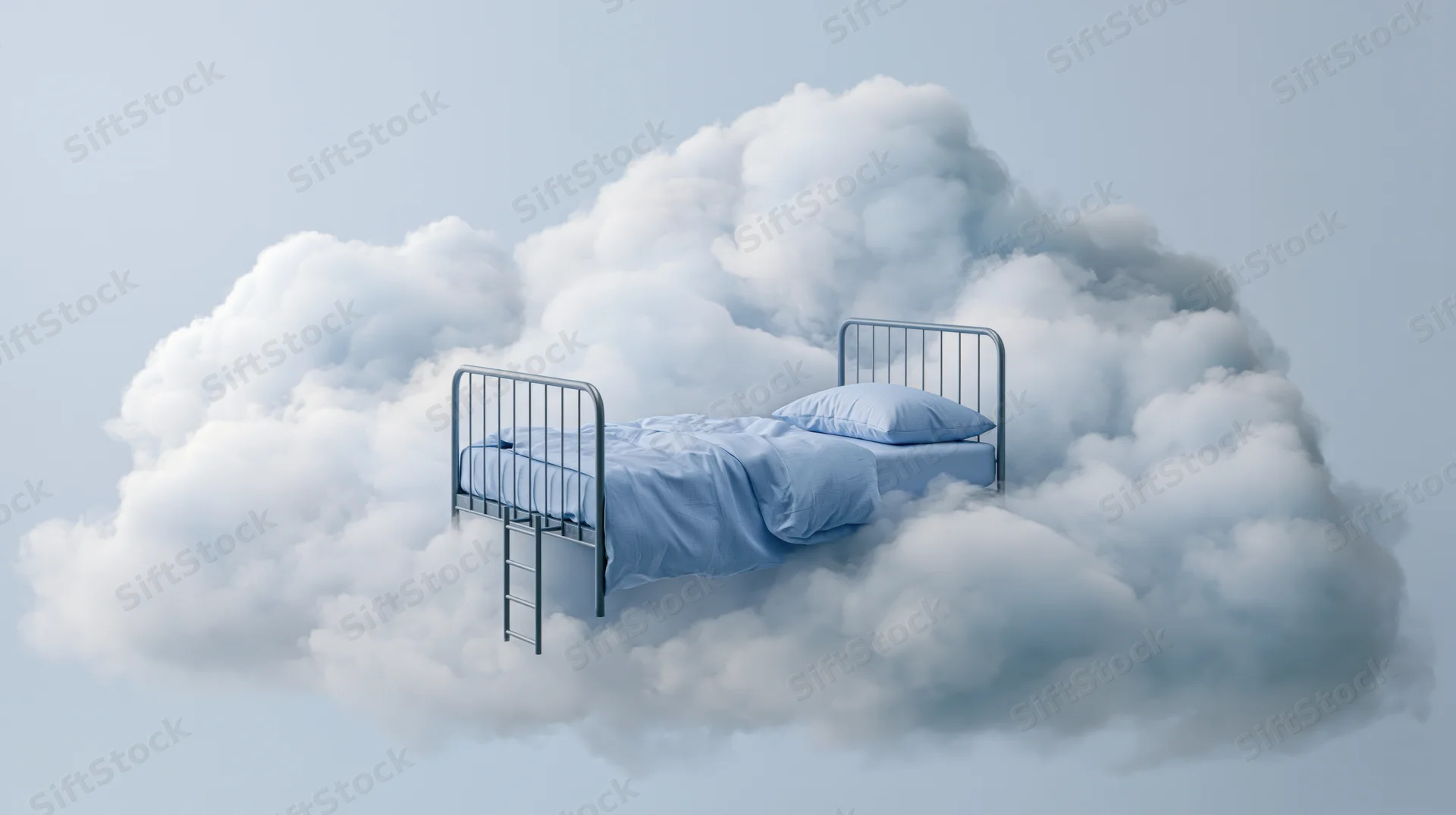 Metal-framed single bed with blue bedding and pillow floating on a cloud in the sky