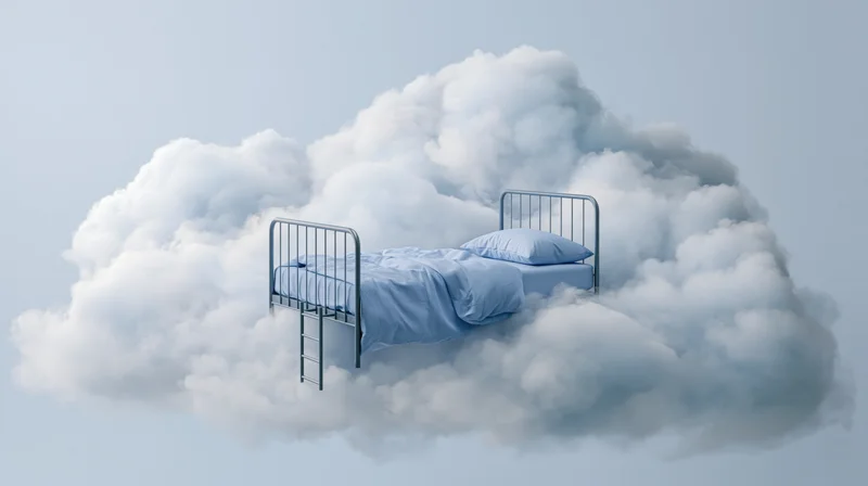 Metal-framed single bed with blue bedding and pillow floating on a cloud in the sky
