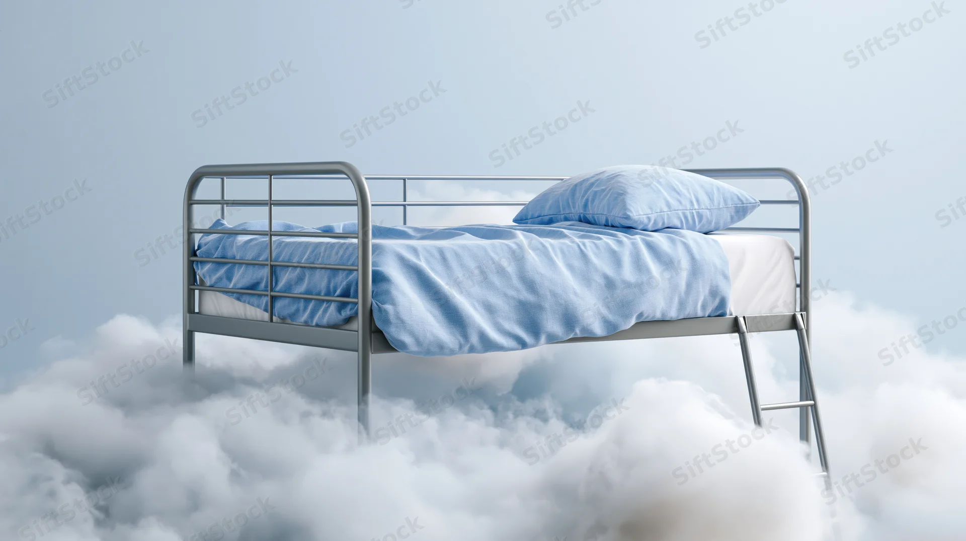 Metal bunk bed with blue linen sheets and pillow floating on clouds against a light sky
