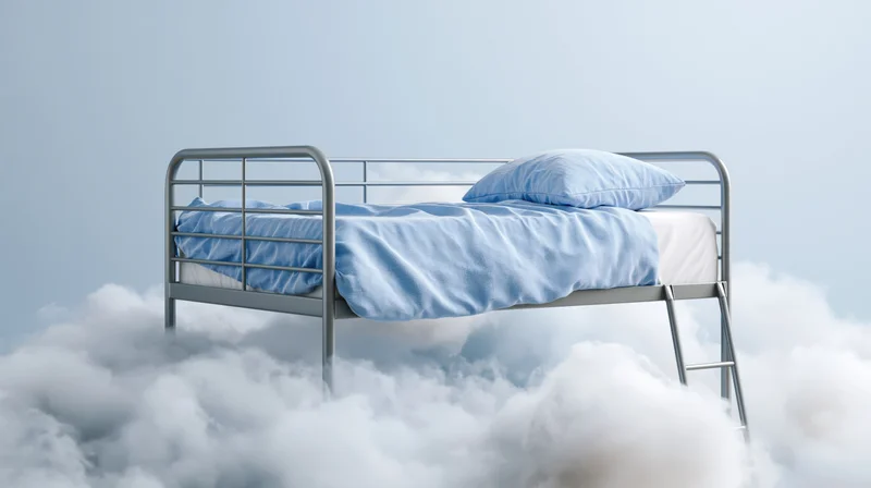 Metal bunk bed with blue linen sheets and pillow floating on clouds against a light sky