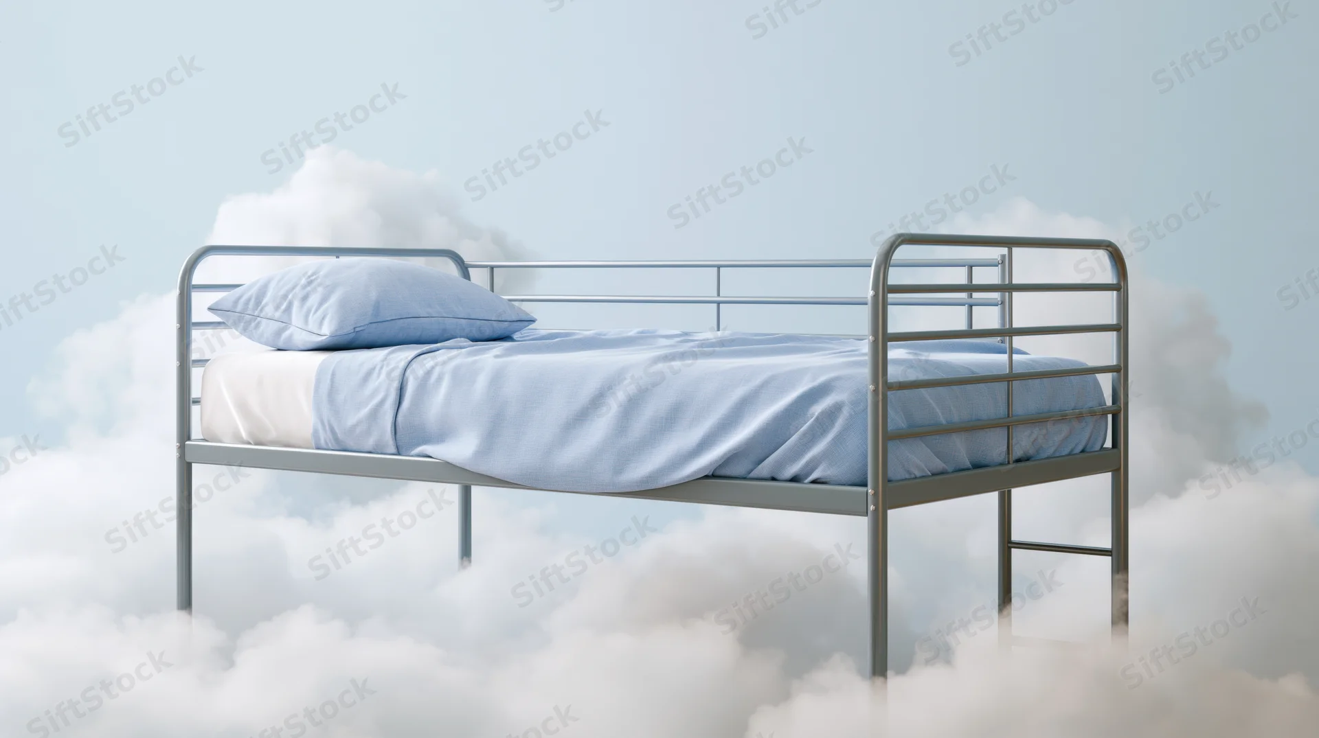 Metal bunk bed frame with blue linen sheets and pillow floating among clouds in sky