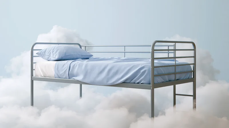 Metal bunk bed frame with blue linen sheets and pillow floating among clouds in sky
