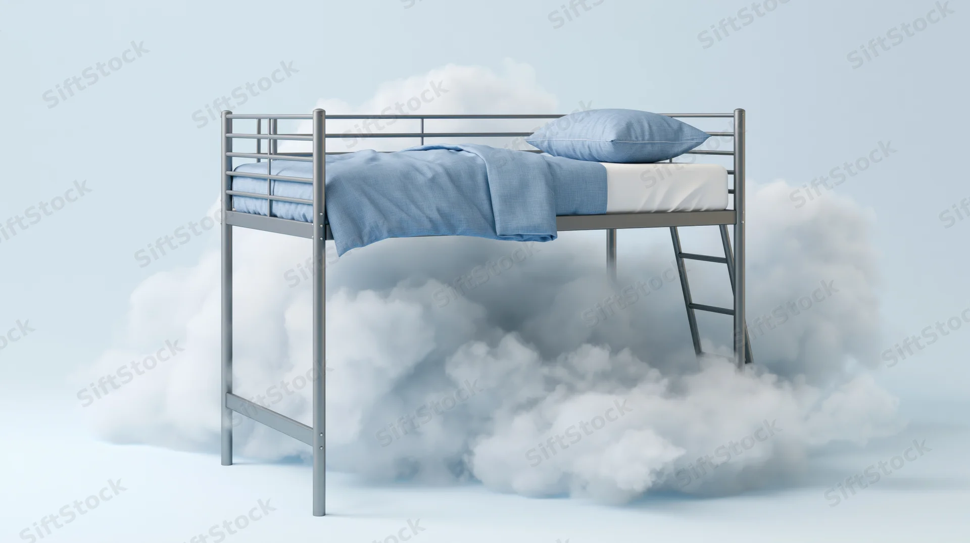Metal bunk bed with blue linen bedding floating on clouds in a minimalist space