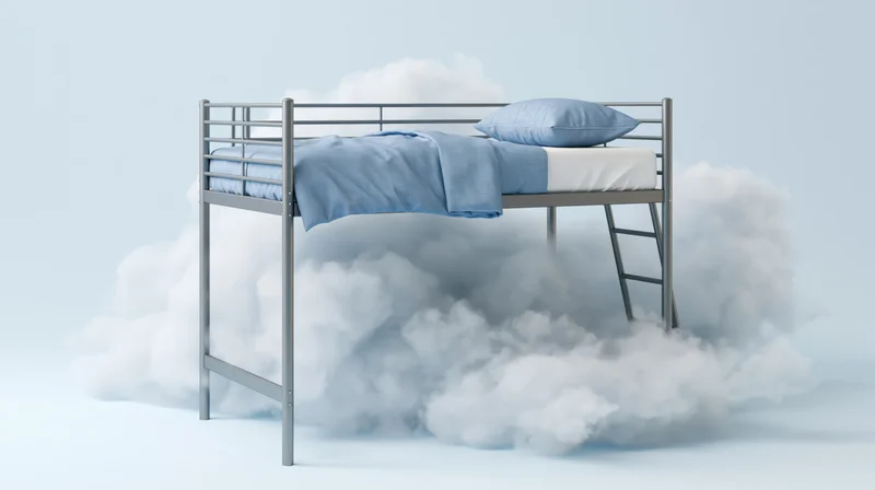 Metal bunk bed with blue linen bedding floating on clouds in a minimalist space