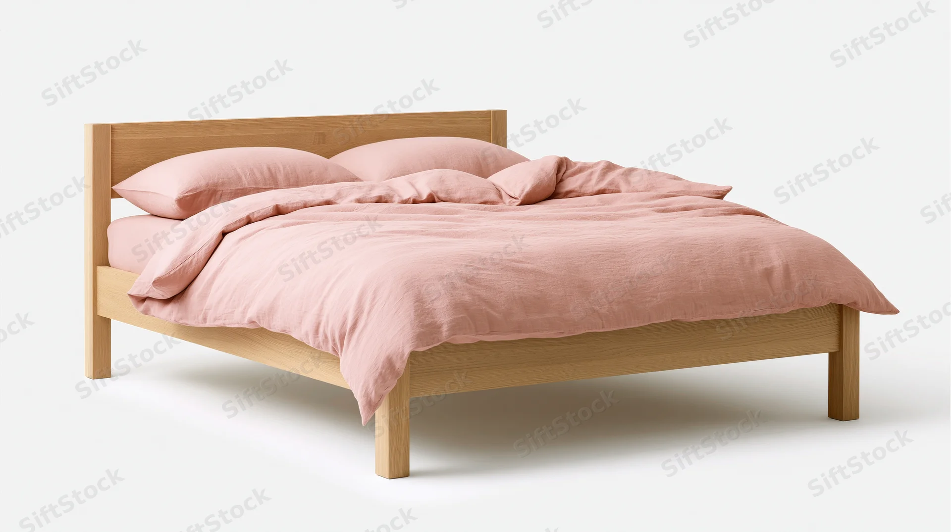 Minimalist double bed with wooden frame and pink bedding on white background
