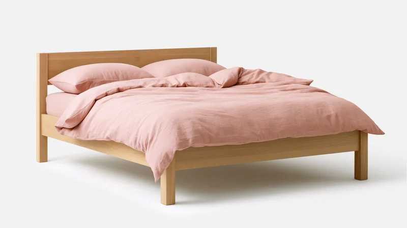 Minimalist double bed with wooden frame and pink bedding on white background