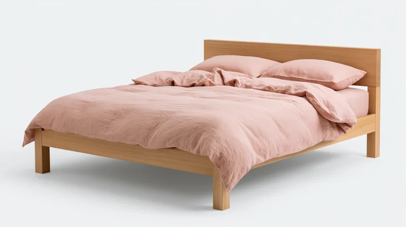 Minimalist double bed with flat wooden headboard and pink bedding on white background
