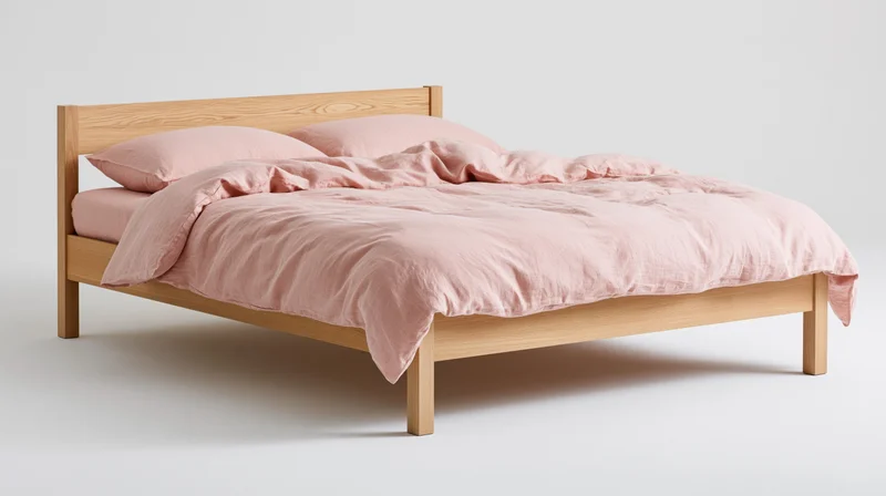 Minimalist double bed with flat wooden headboard and pink linen bedding on white background