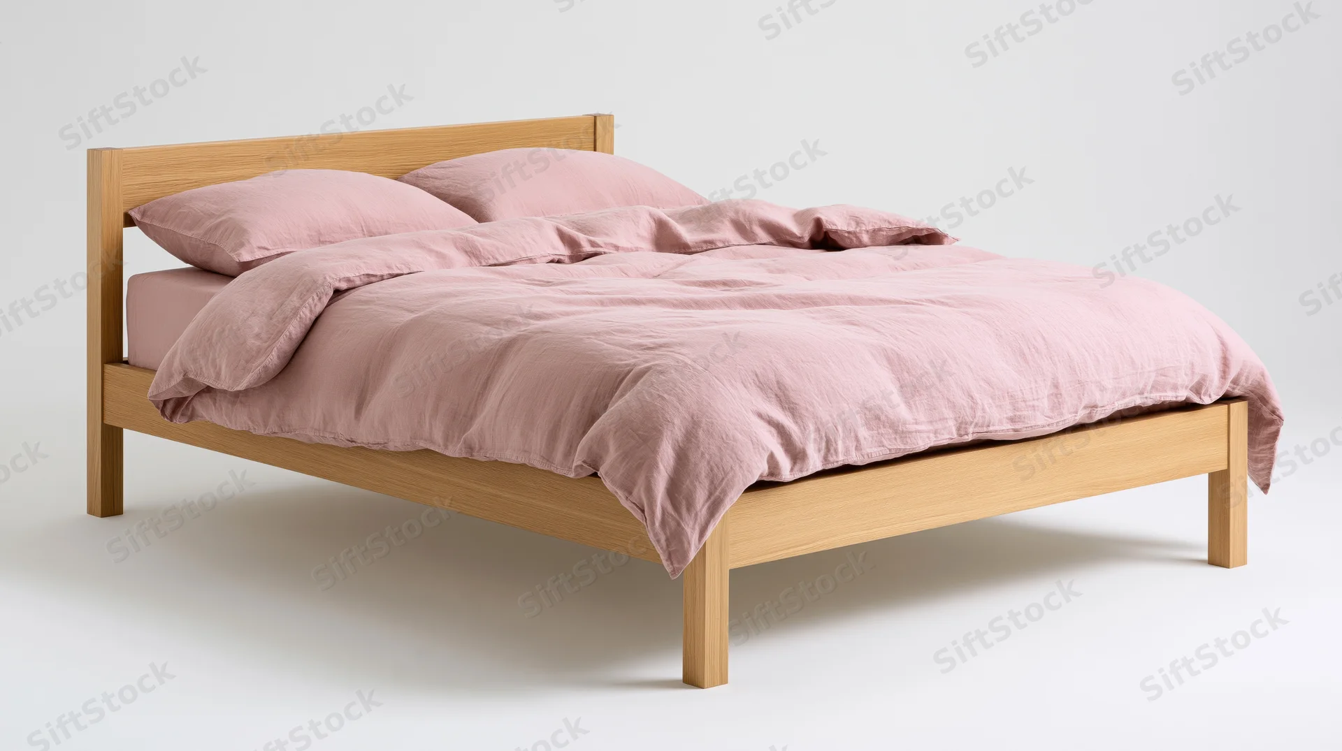 Minimalist double bed with wooden frame and pink bedding on white background