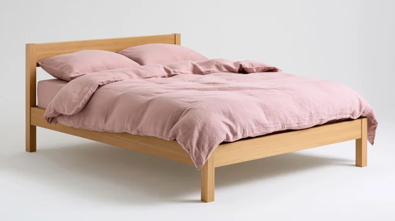 Minimalist double bed with wooden frame and pink bedding on white background