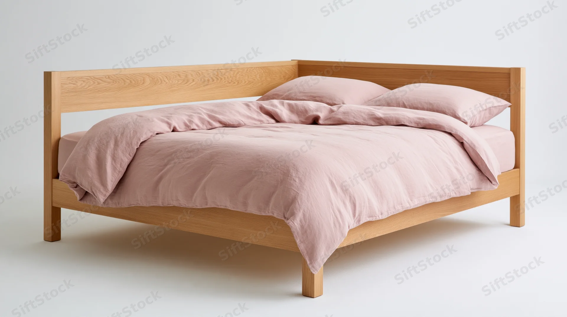 Minimalist double bed with natural oak frame and pink linen bedding on white background