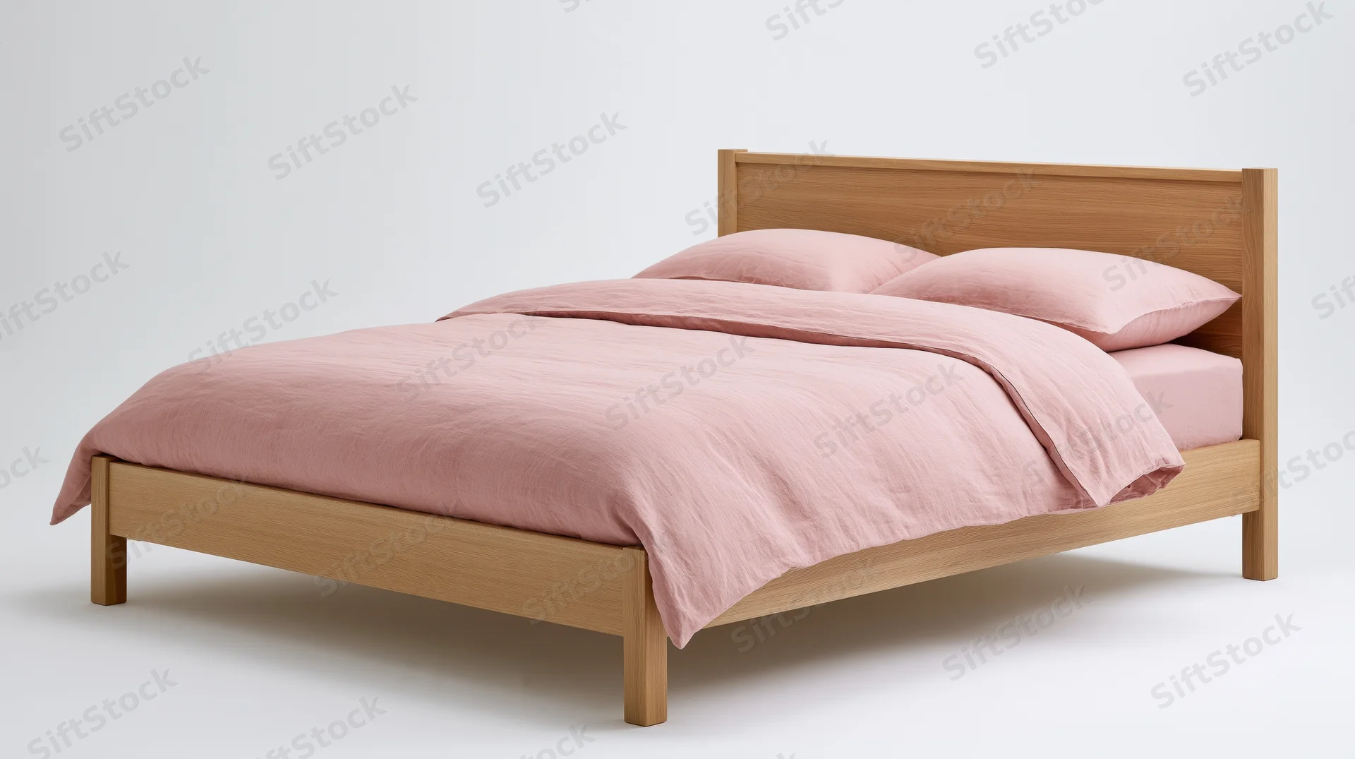 Minimalist double bed with natural oak frame and pink bedding on white background
