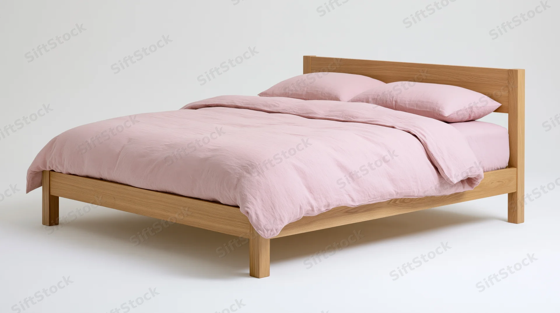 Minimalist double bed with natural oak wood frame and pink linen bedding on white background