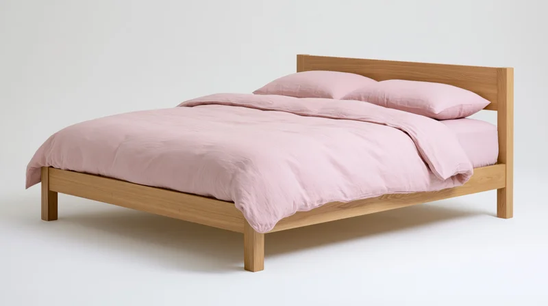 Minimalist double bed with natural oak wood frame and pink linen bedding on white background