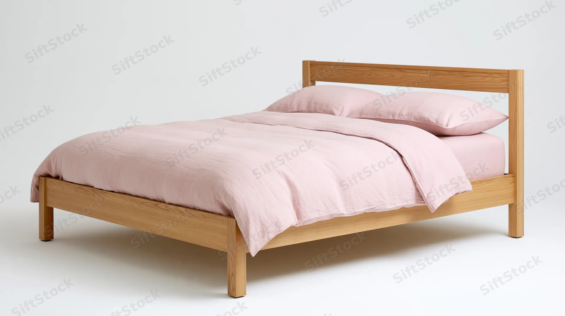 Minimalist double bed with natural oak frame and pink bedding on white background