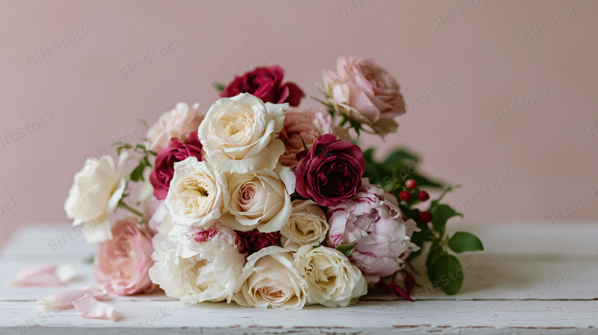 Mixed bouquet of cream, blush pink and deep rose garden roses on a white wooden table
