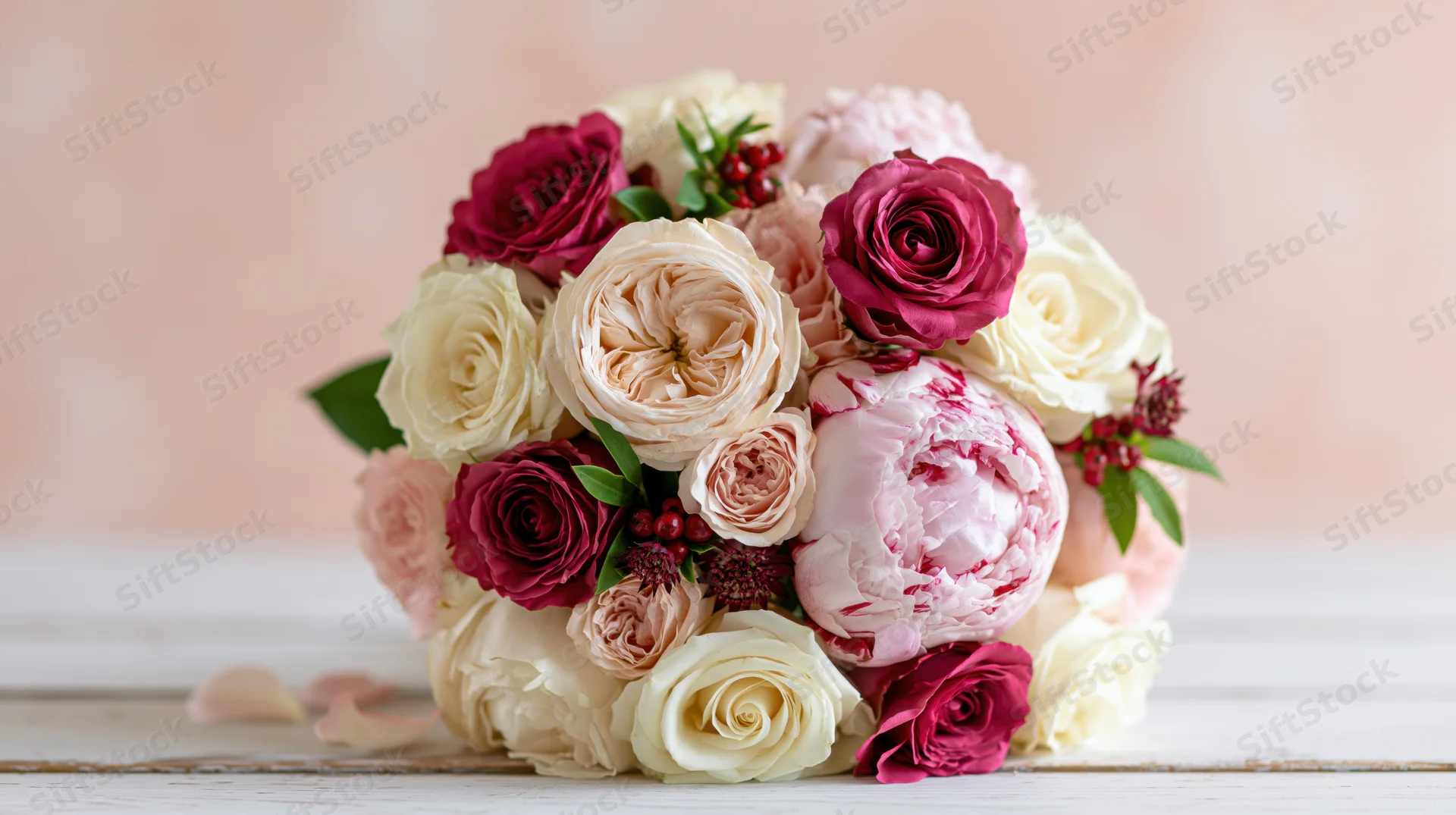 Mixed bouquet of cream, blush pink and deep rose garden roses arranged on a white wooden surface