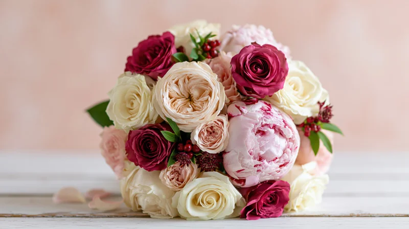 Mixed bouquet of cream, blush pink and deep rose garden roses arranged on a white wooden surface