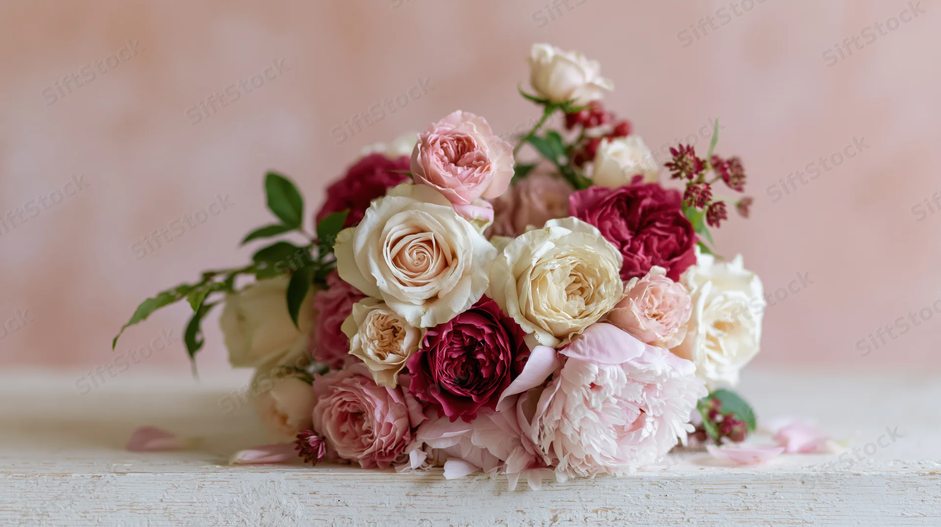 Mixed bouquet of cream, blush pink and deep rose garden roses arranged on a white wooden table