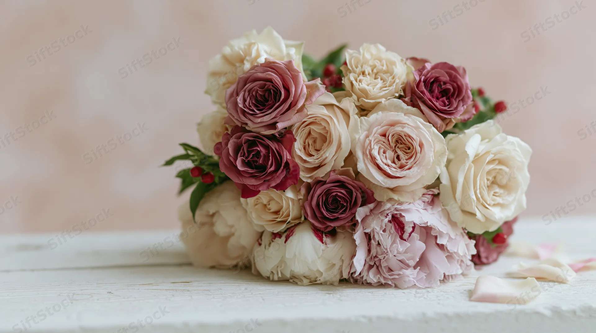A mixed bouquet of cream, blush pink and deep rose garden roses arranged on a white wooden table with scattered petals and greenery