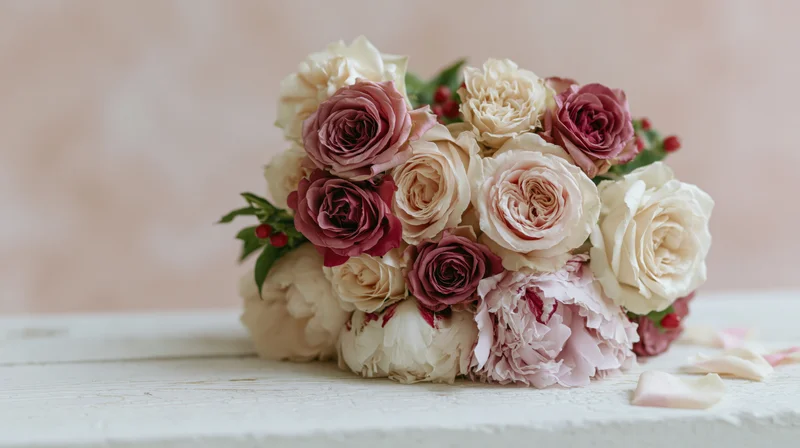 A mixed bouquet of cream, blush pink and deep rose garden roses arranged on a white wooden table with scattered petals and greenery