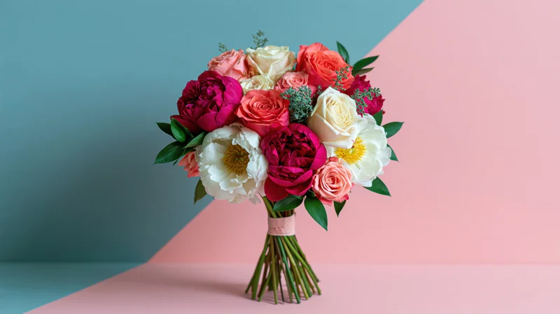 Mixed floral bouquet of peonies and roses with greenery arranged on a pastel pink and blue background