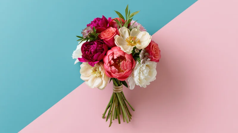 Mixed floral bouquet of peonies and roses with greenery on pastel blue and pink background