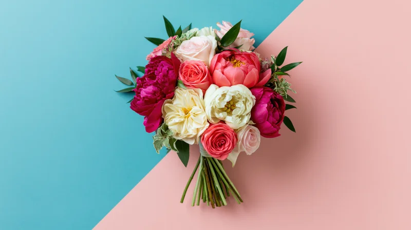 Floral bouquet of peonies and roses with greenery on pastel blue and pink background