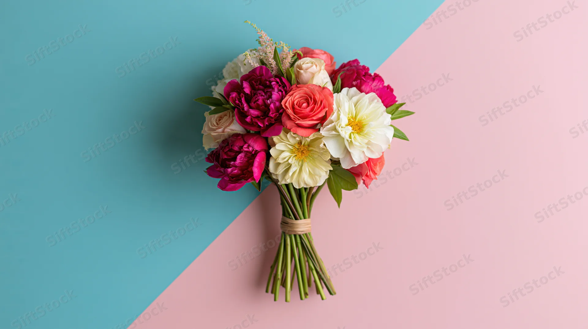 Mixed floral bouquet of peonies and roses with greenery tied with ribbon on pastel pink and blue background