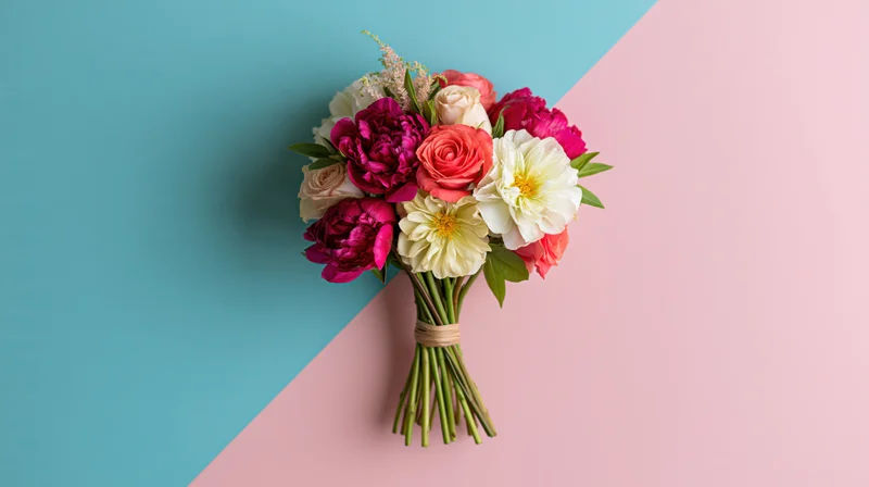 Mixed floral bouquet of peonies and roses with greenery tied with ribbon on pastel pink and blue background