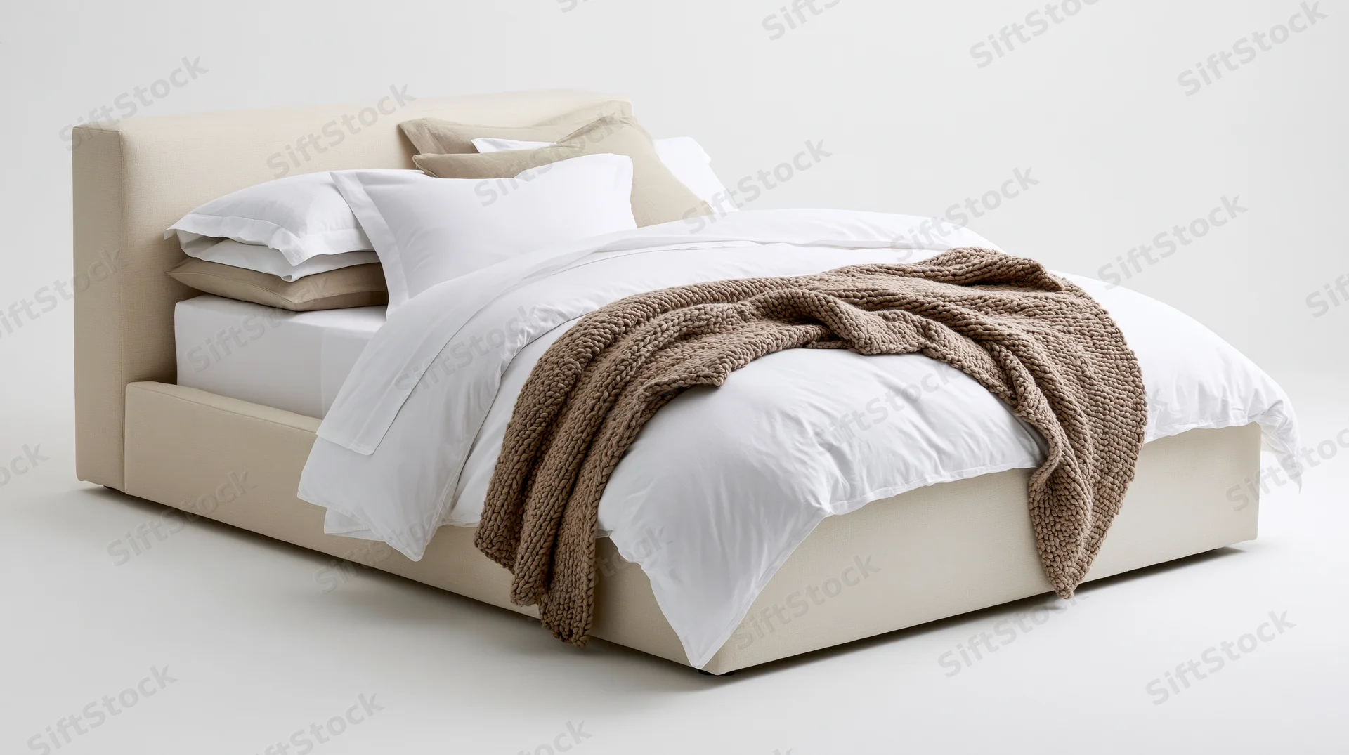 Modern upholstered platform bed with low padded headboard and white bedding on plain background