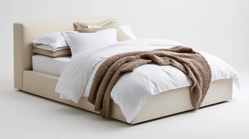 Modern upholstered platform bed with low padded headboard and white bedding on plain background