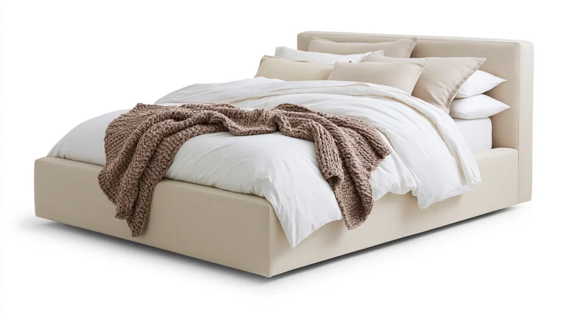 Modern upholstered platform bed with low padded headboard and white bedding, beige frame, chunky knit throw draped over comforter, isolated on white background