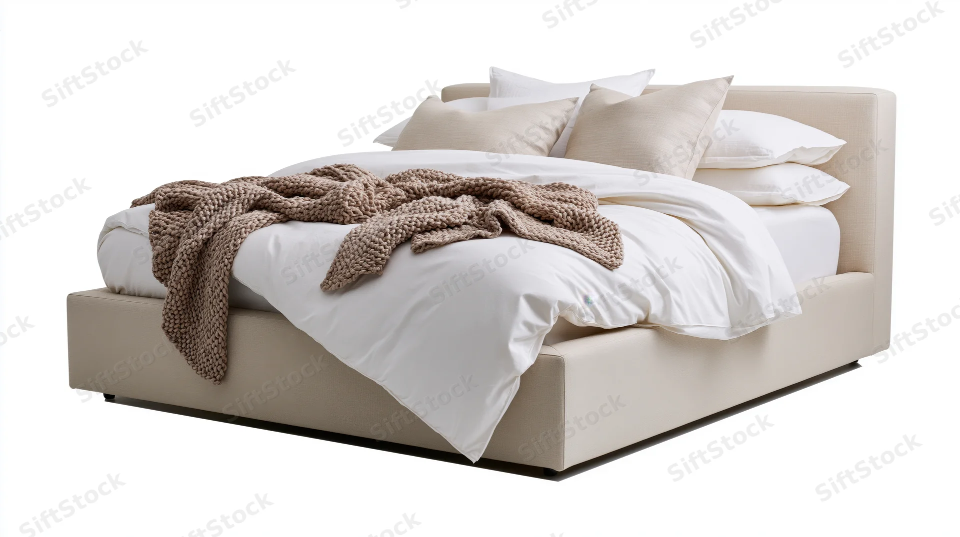 Modern upholstered platform bed with low padded headboard and white bedding, beige throw blanket draped over, isolated on white background