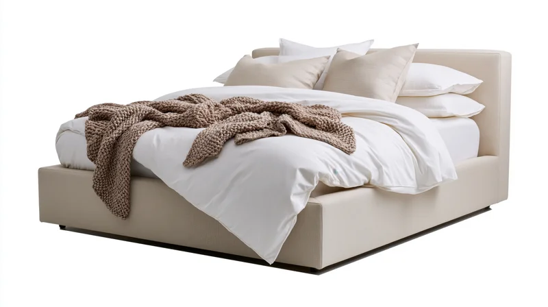 Modern upholstered platform bed with low padded headboard and white bedding, beige throw blanket draped over, isolated on white background