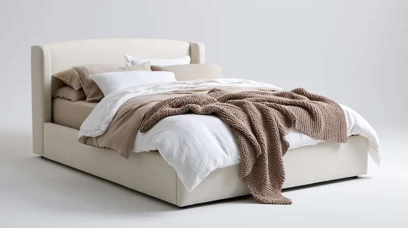 Modern upholstered platform bed with beige headboard and layered bedding in a minimalist bedroom setting