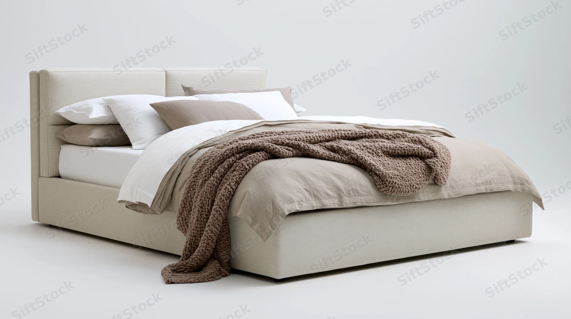 Modern upholstered platform bed with padded linen headboard and neutral bedding on white background