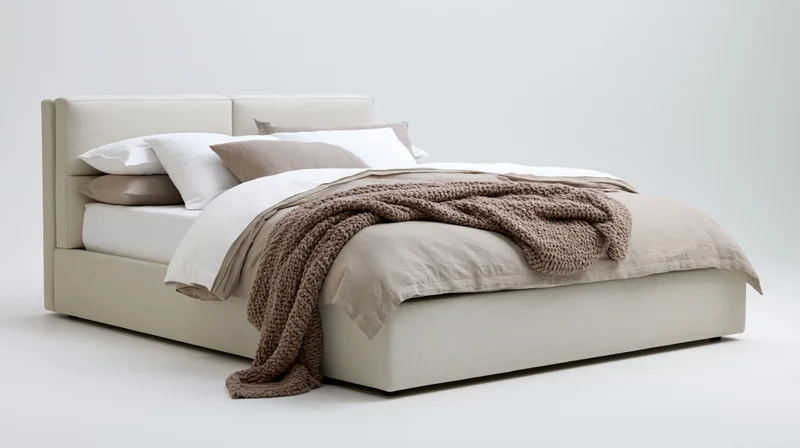 Modern upholstered platform bed with padded linen headboard and neutral bedding on white background