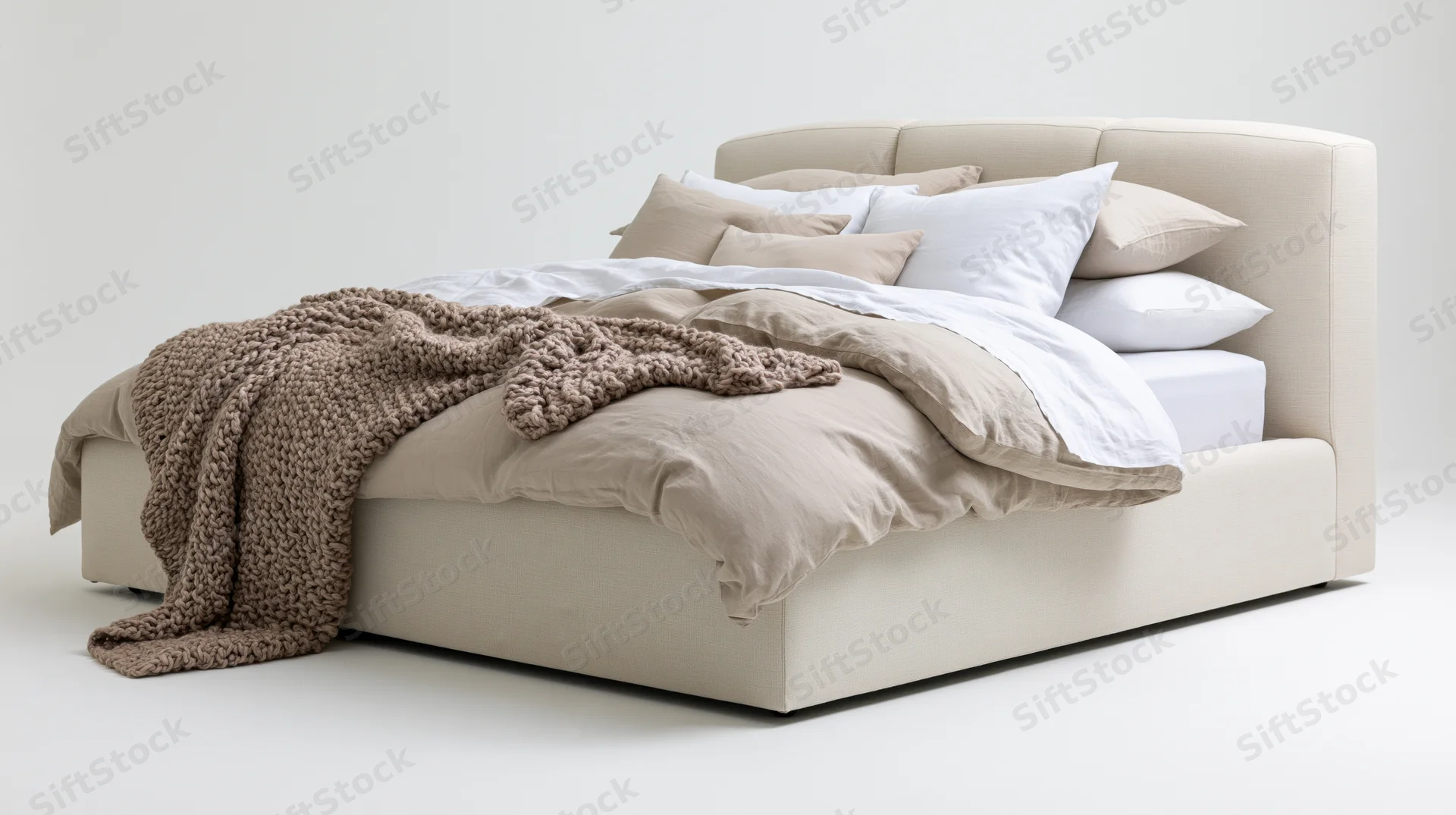 Modern upholstered platform bed with padded linen headboard and layered bedding in neutral tones on white background
