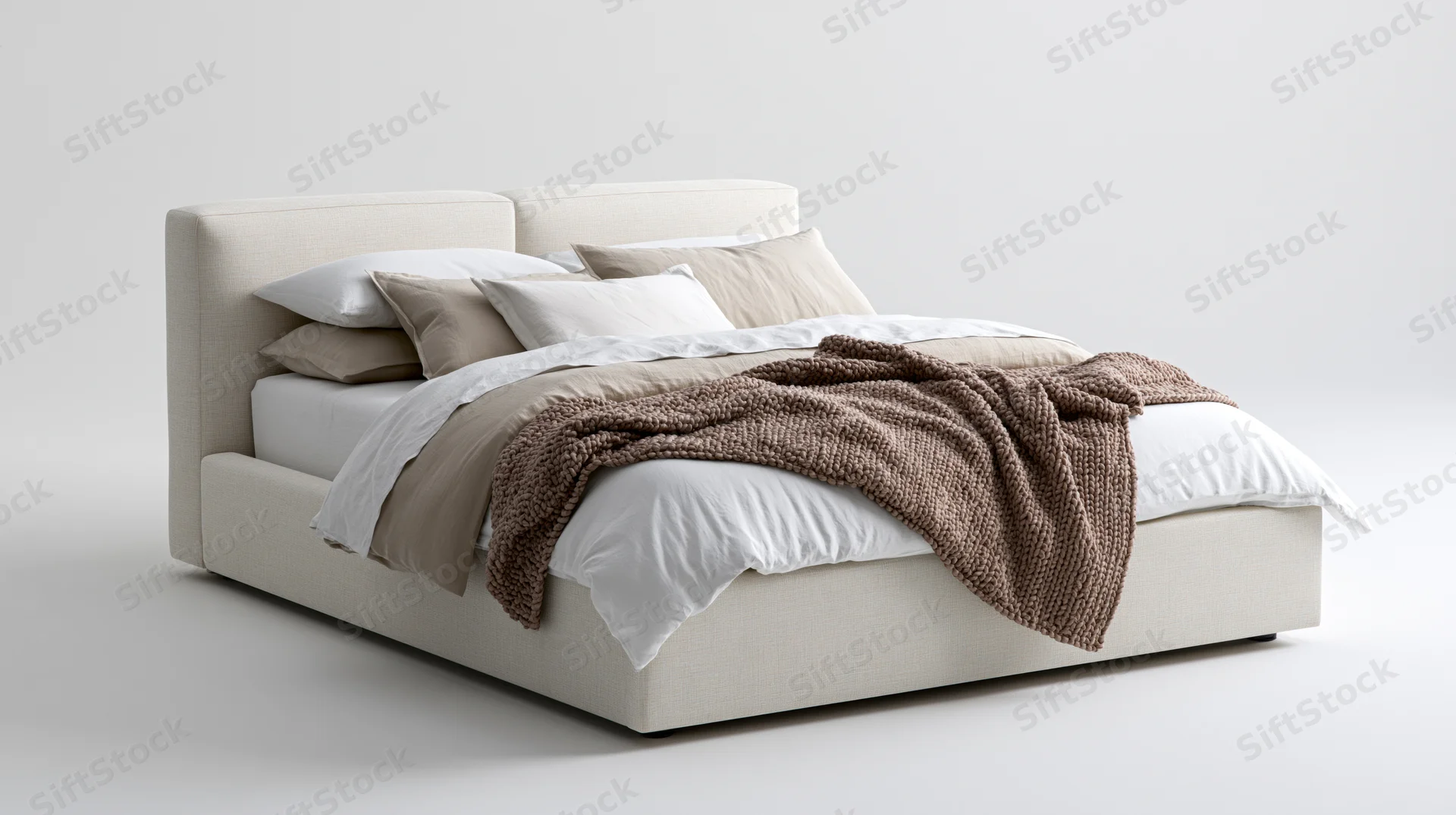 Modern upholstered platform bed with padded linen headboard and layered bedding in a studio setting