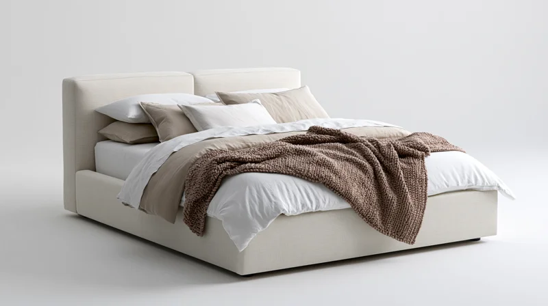 Modern upholstered platform bed with padded linen headboard and layered bedding in a studio setting