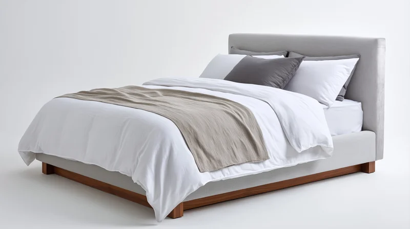 Modern upholstered platform bed with white bedding and grey pillows on a plain background