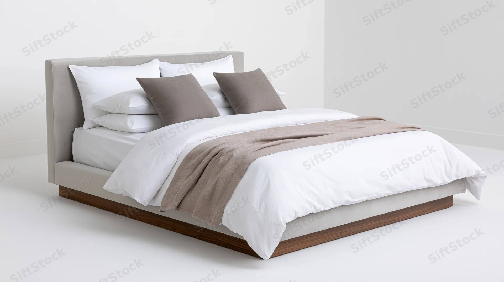 Modern upholstered platform bed with white bedding and grey accents in a minimalist bedroom setting
