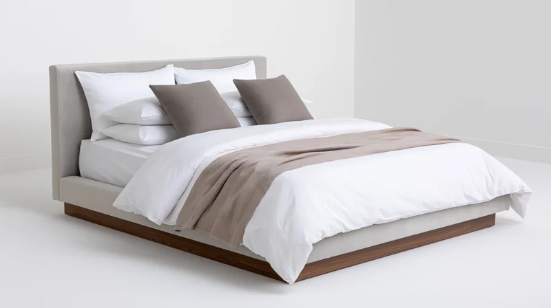 Modern upholstered platform bed with white bedding and grey accents in a minimalist bedroom setting