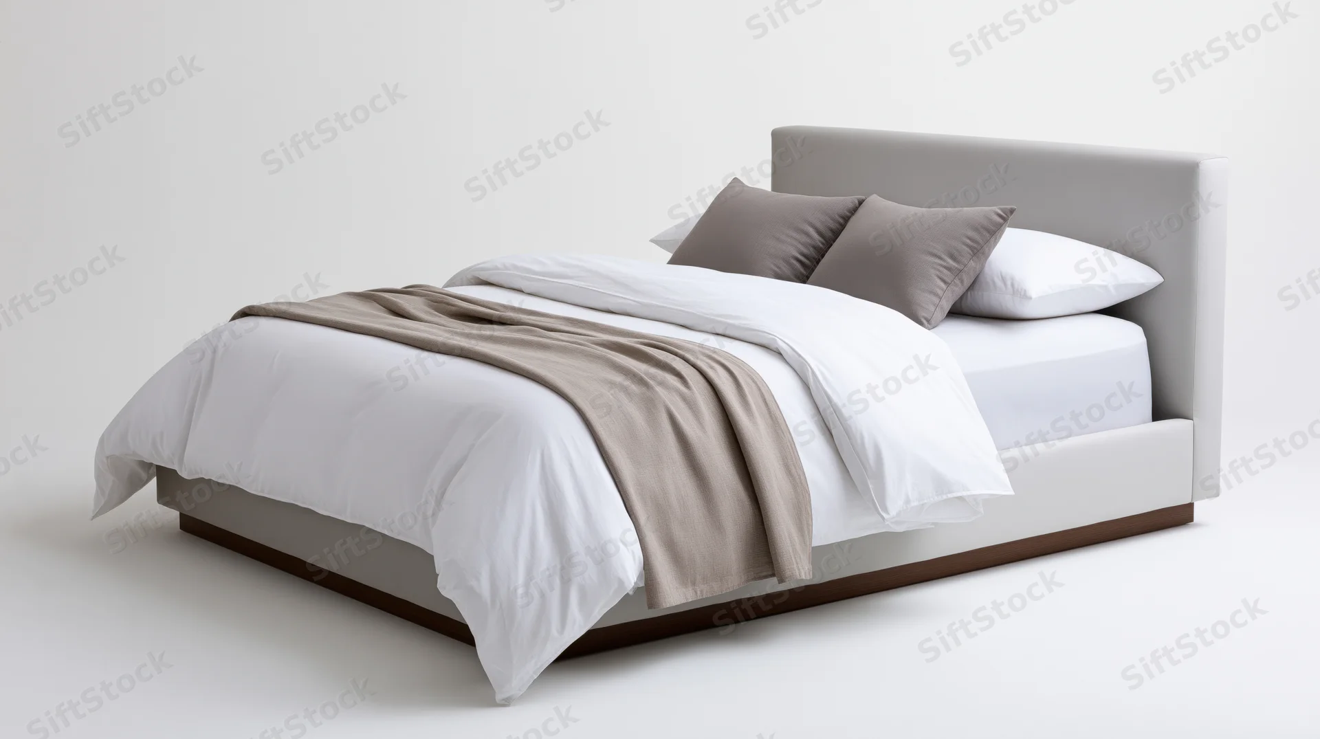 Modern upholstered platform bed with white bedding and grey pillows on plain white background