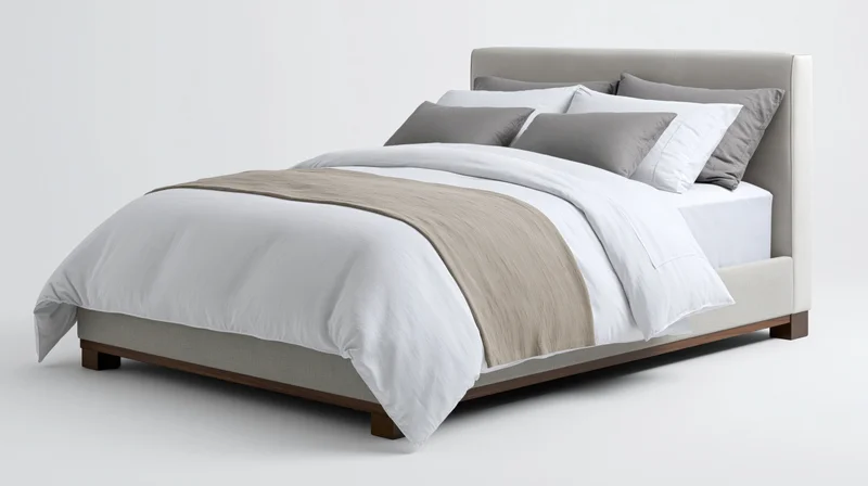 Modern upholstered platform bed with white and grey bedding on plain white background