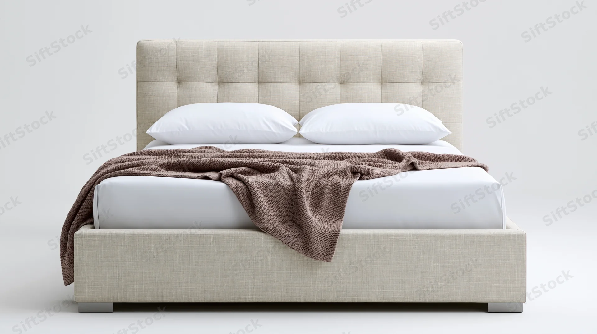 Modern upholstered queen bed with tufted headboard and white bedding on plain background