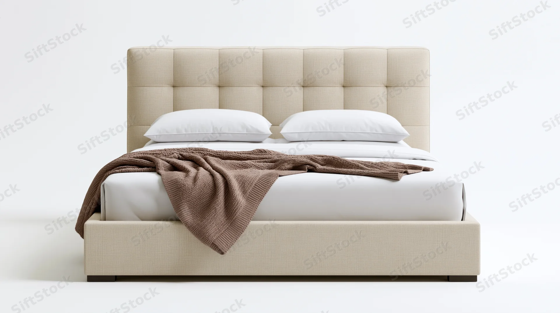Modern upholstered queen bed with tufted grid-pattern headboard and white pillows, beige fabric, brown knit blanket, isolated on white background